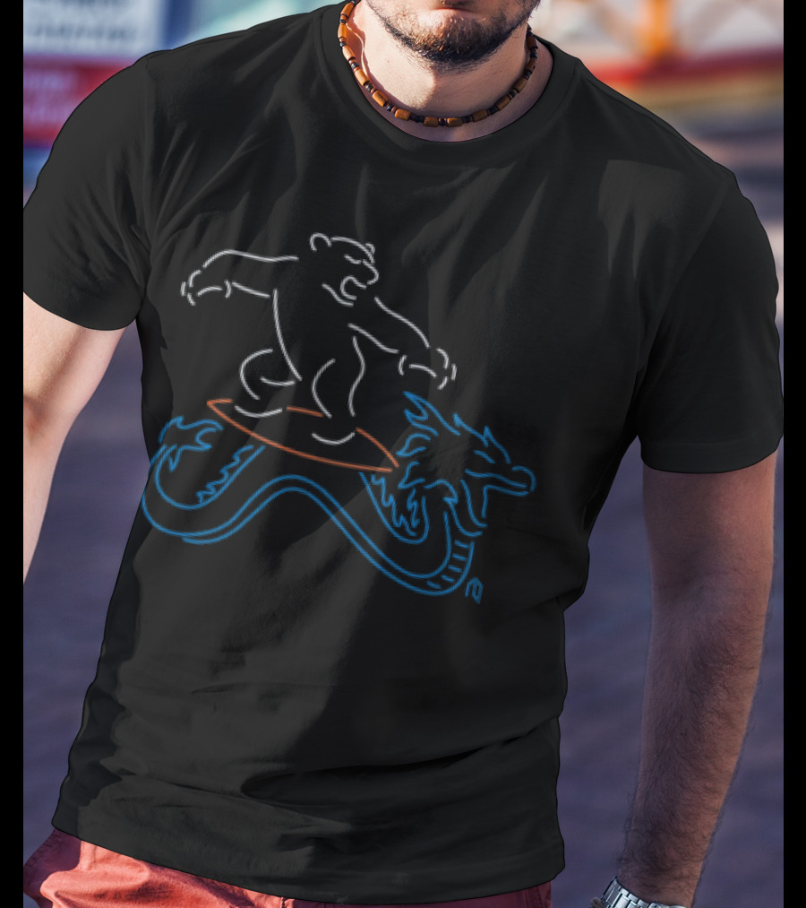 Neon Surfing Polar Bear Riding Dragon Waves T-Shirt
