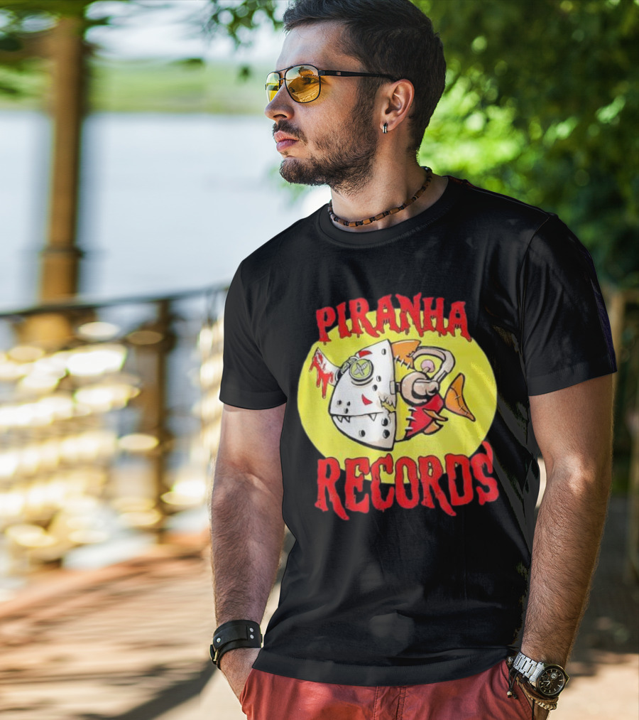 Piranha Records Cartoon Fish Bite Graphic T-Shirt