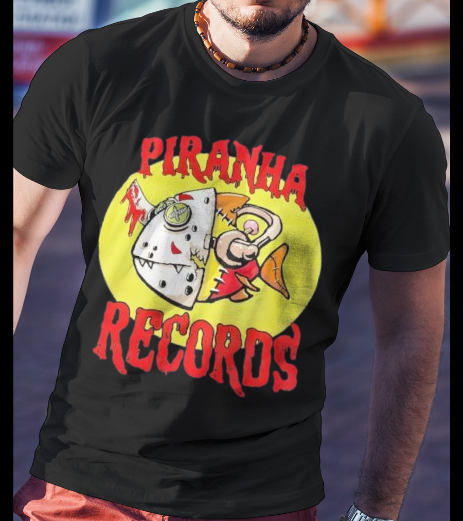 Piranha Records Cartoon Fish Bite Graphic T-Shirt