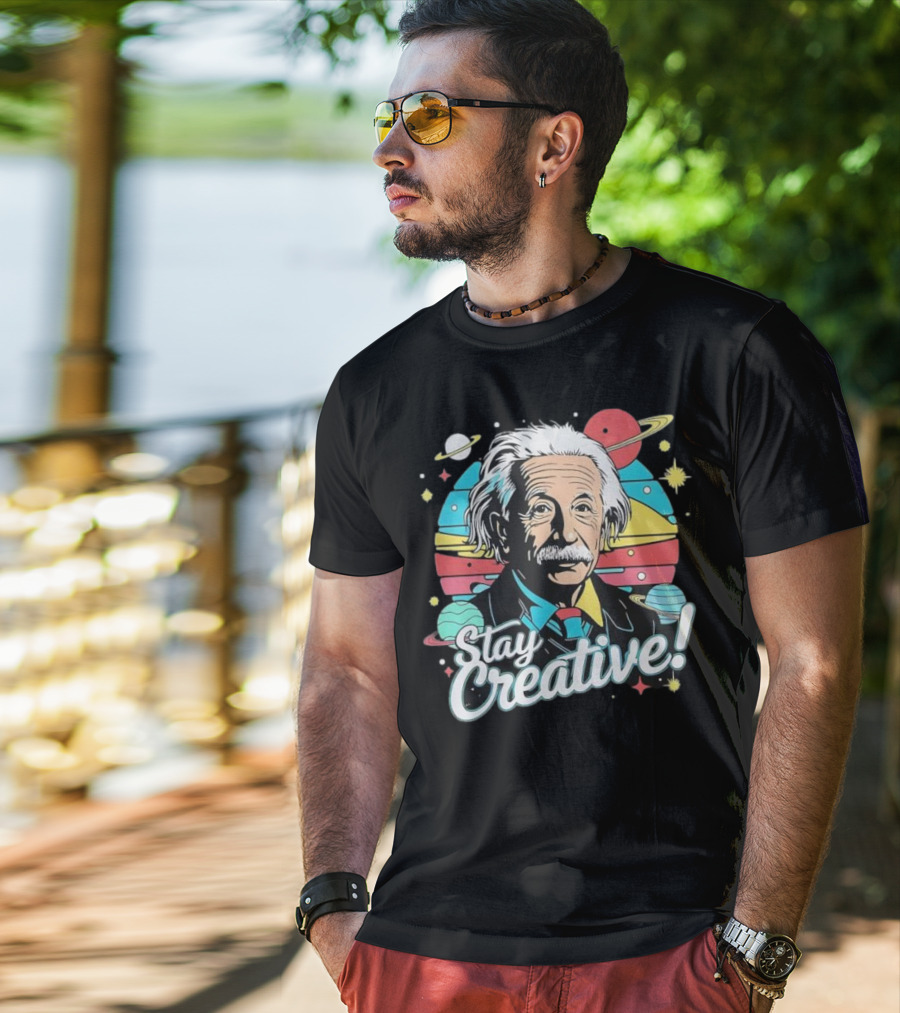 Albert Einstein Stay Creative Vintage Planets Space Theme T-Shirt