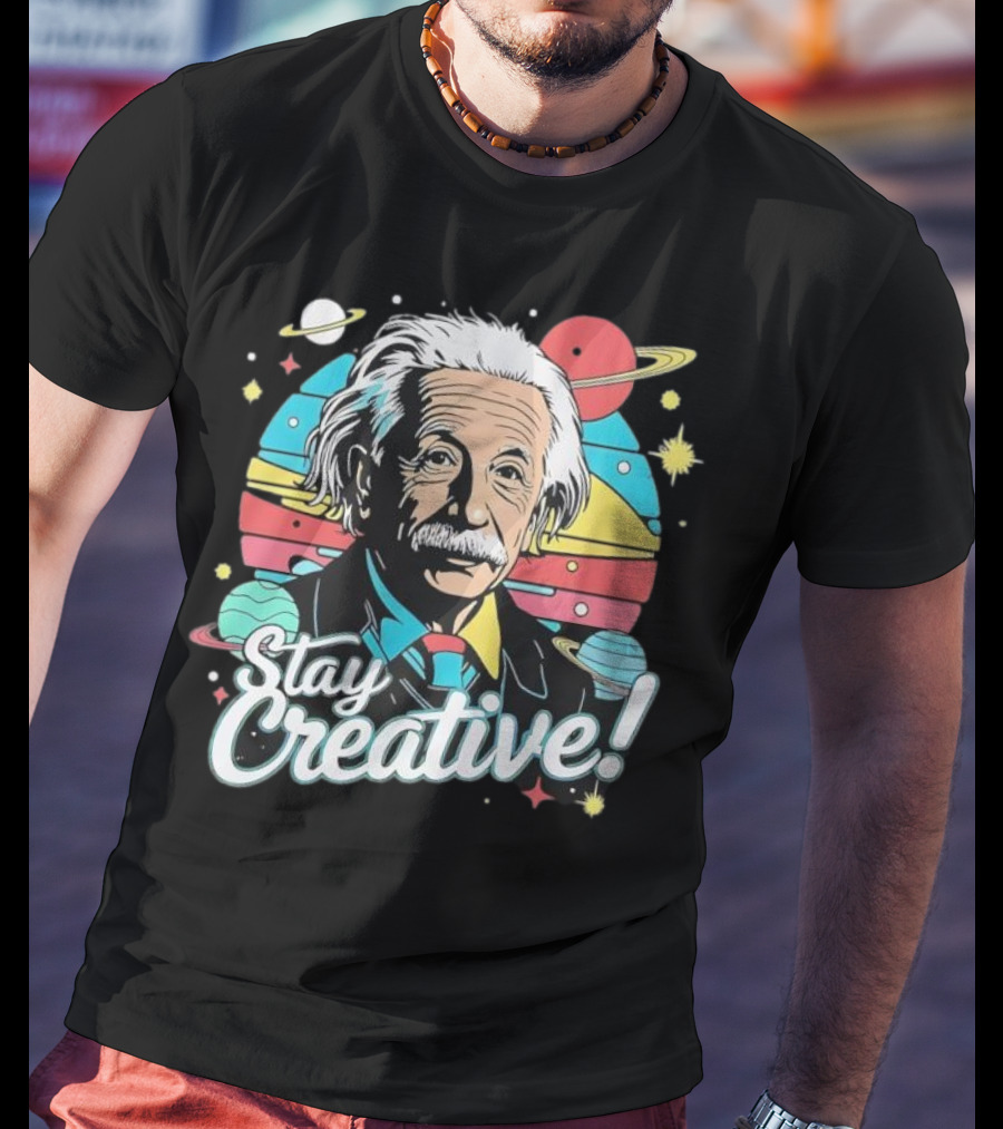 Albert Einstein Stay Creative Vintage Planets Space Theme T-Shirt