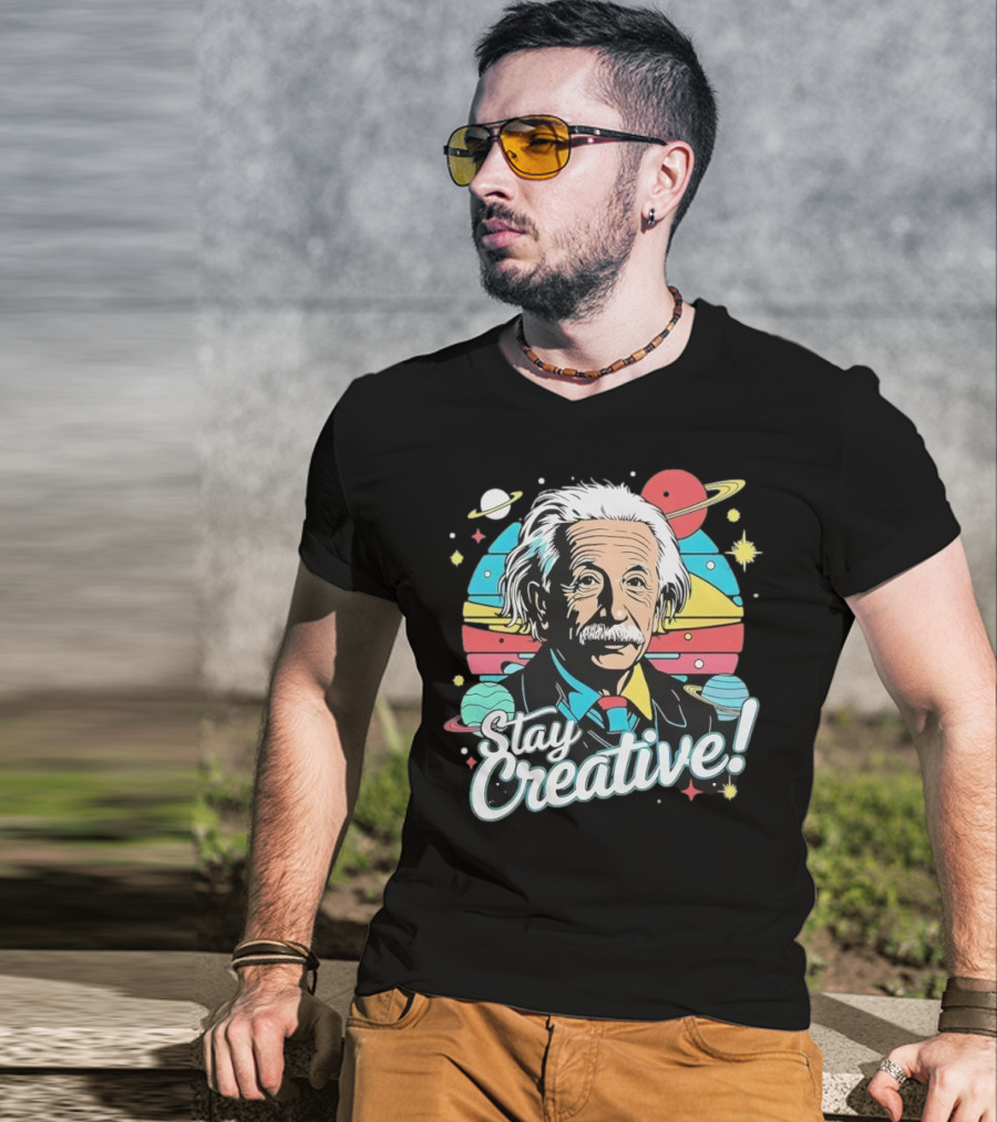 Albert Einstein Stay Creative Vintage Planets Space Theme T-Shirt