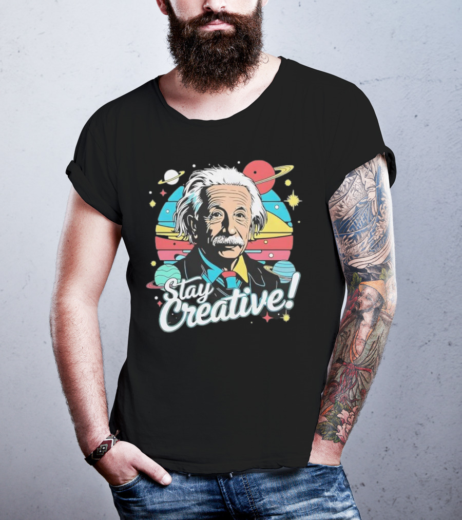 Albert Einstein Stay Creative Vintage Planets Space Theme T-Shirt
