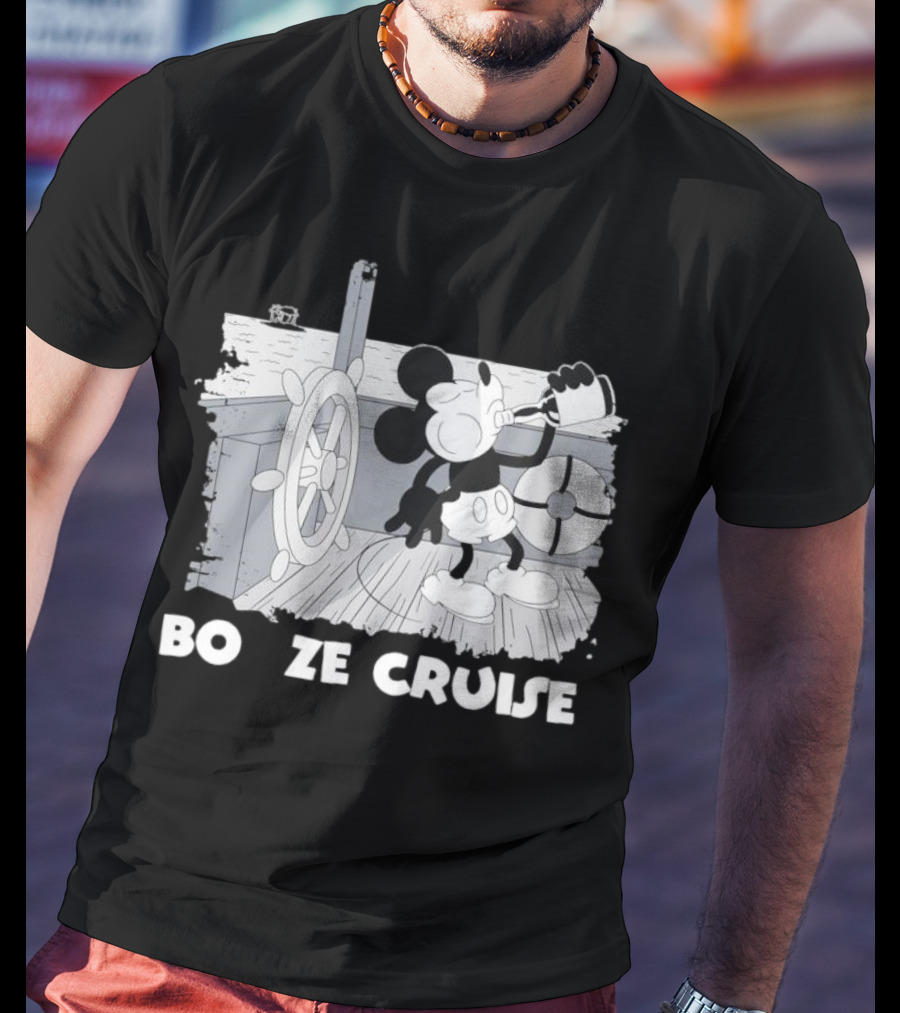 Booze Cruise Cartoon Character With On Vintage Sailing Scene T-Shirt