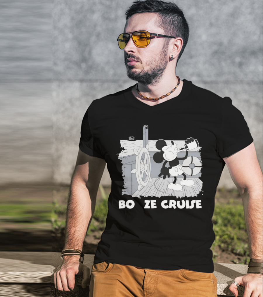 Booze Cruise Cartoon Character With On Vintage Sailing Scene T-Shirt