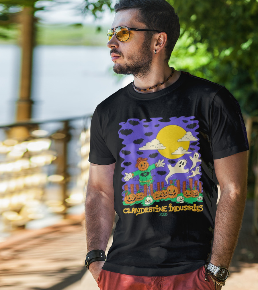 Clandestine Industries 2005 Halloween Scarecrow Ghosts Pumpkins Bats T-Shirt