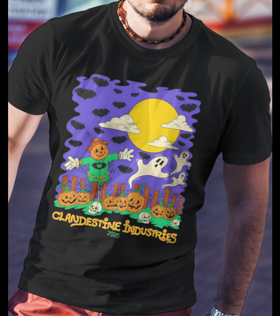 Clandestine Industries 2005 Halloween Scarecrow Ghosts Pumpkins Bats T-Shirt