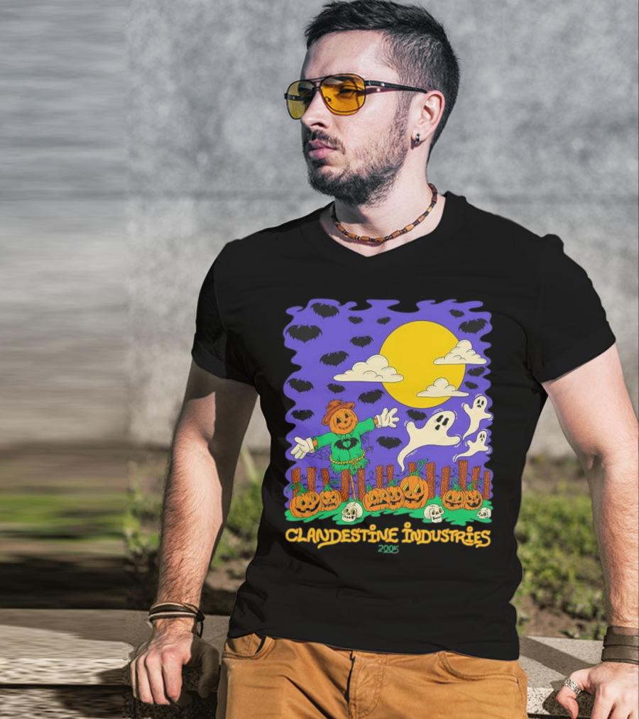 Clandestine Industries 2005 Halloween Scarecrow Ghosts Pumpkins Bats T-Shirt