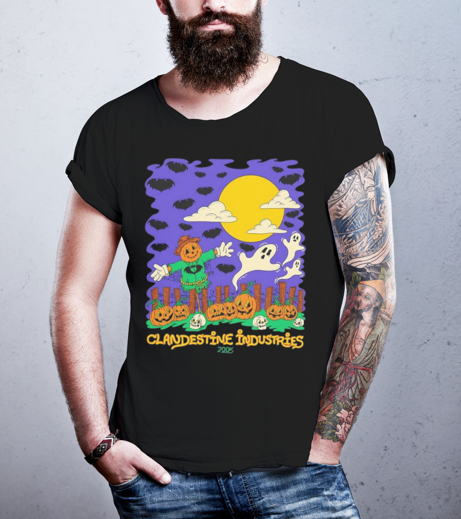Clandestine Industries 2005 Halloween Scarecrow Ghosts Pumpkins Bats T-Shirt