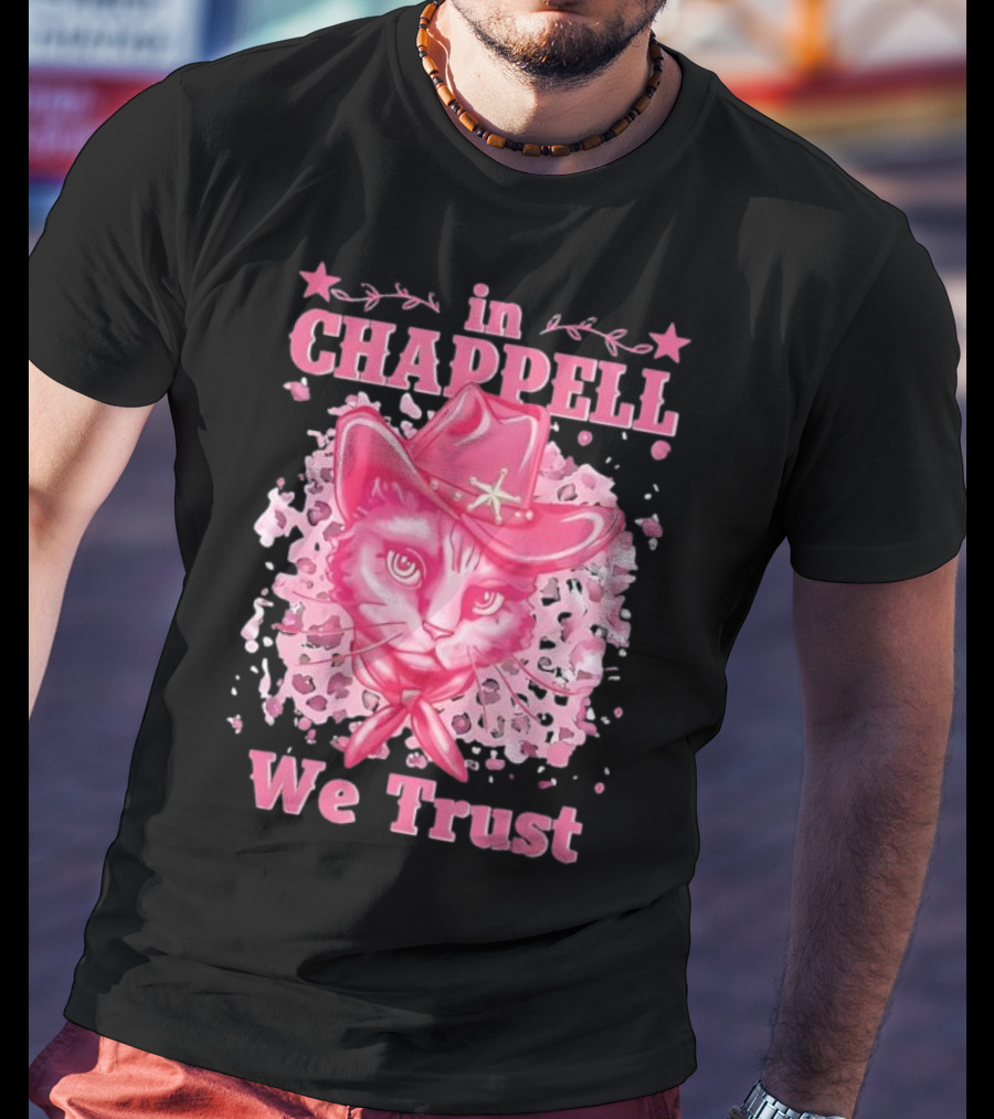 Cute Retro Cat In Chappell We Trust Cowboy Hat Pink Stars T-Shirt