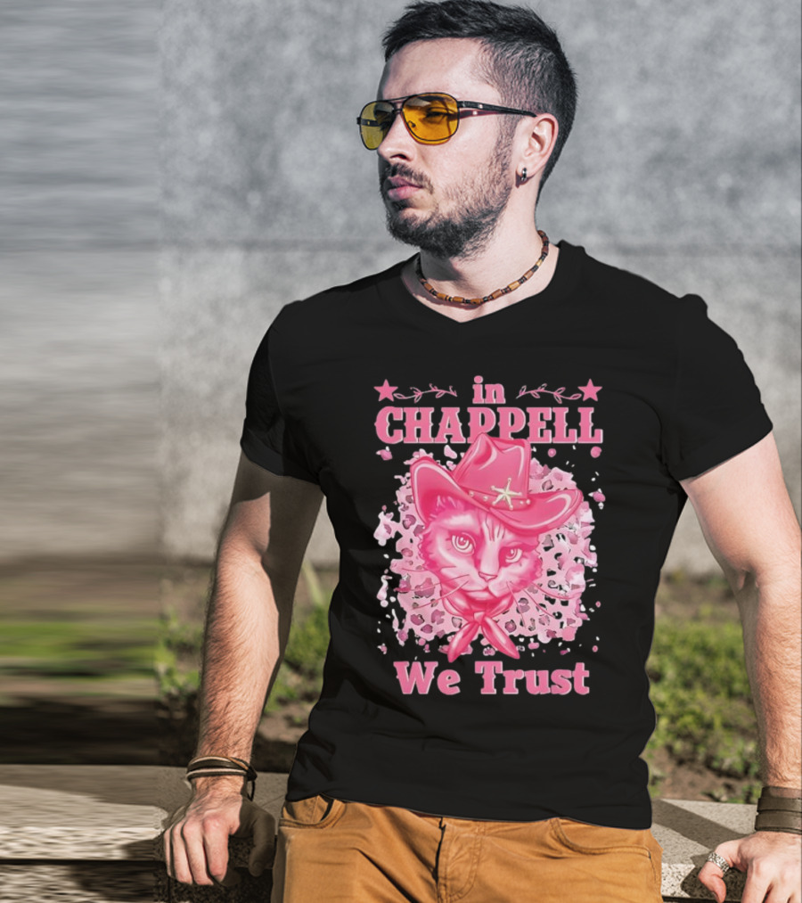 Cute Retro Cat In Chappell We Trust Cowboy Hat Pink Stars T-Shirt