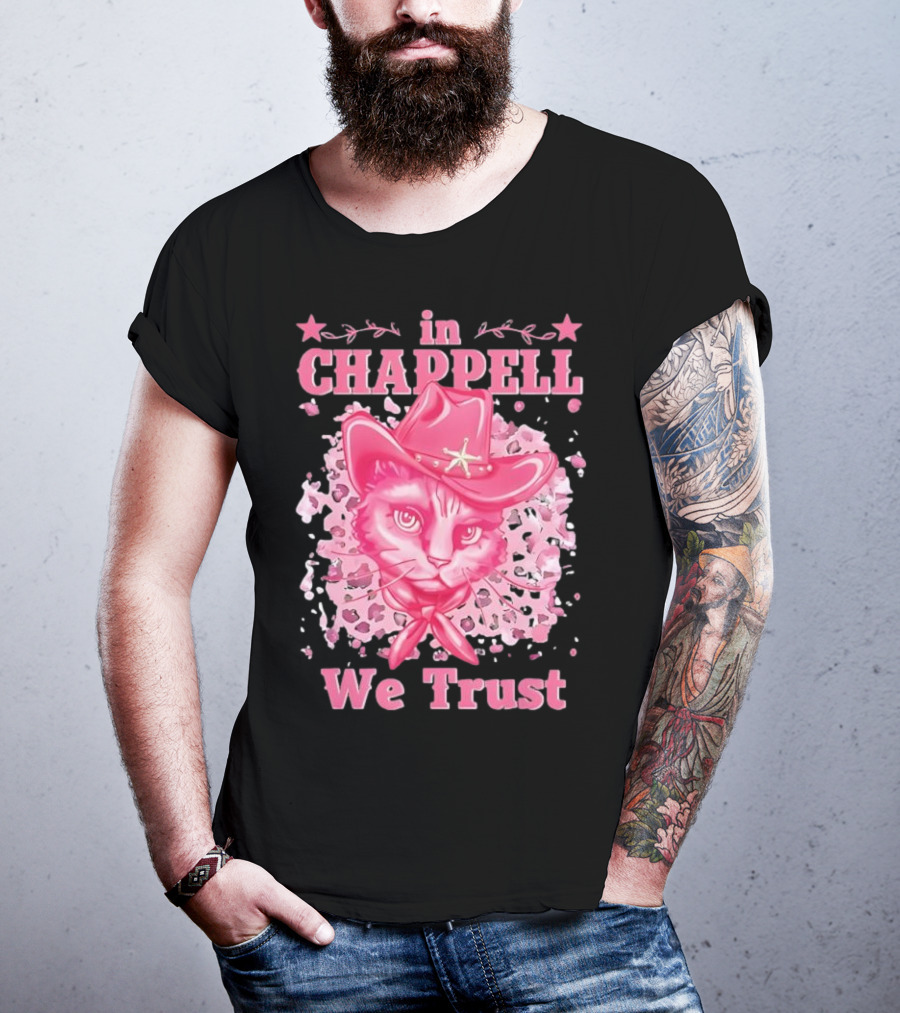 Cute Retro Cat In Chappell We Trust Cowboy Hat Pink Stars T-Shirt