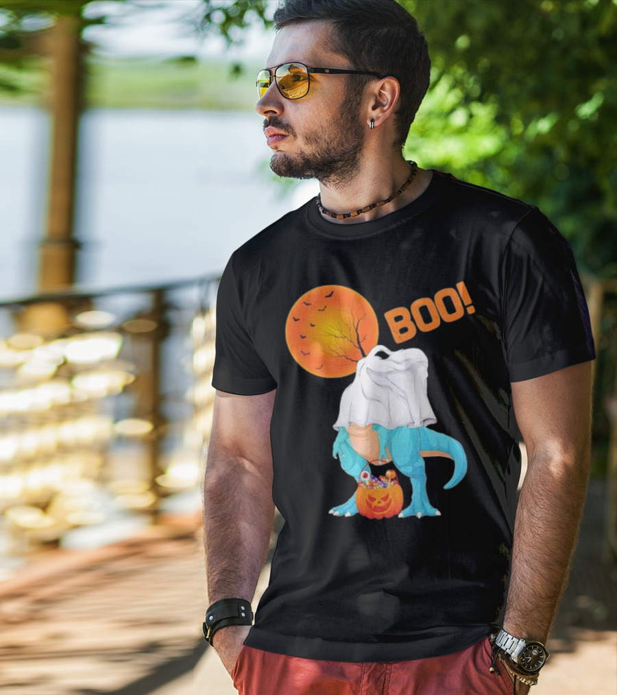 Ghost Dinosaur Rex Boo Halloween Pumpkin Boys Men T-Shirt