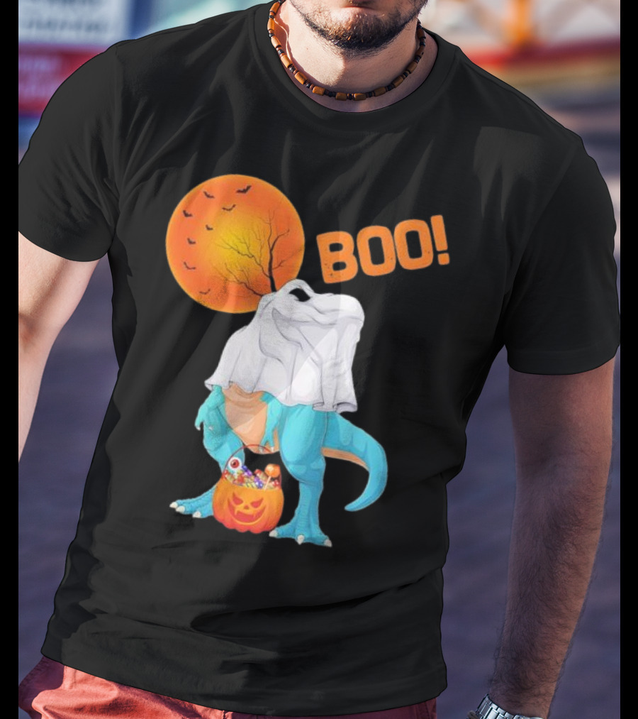Ghost Dinosaur Rex Boo Halloween Pumpkin Boys Men T-Shirt