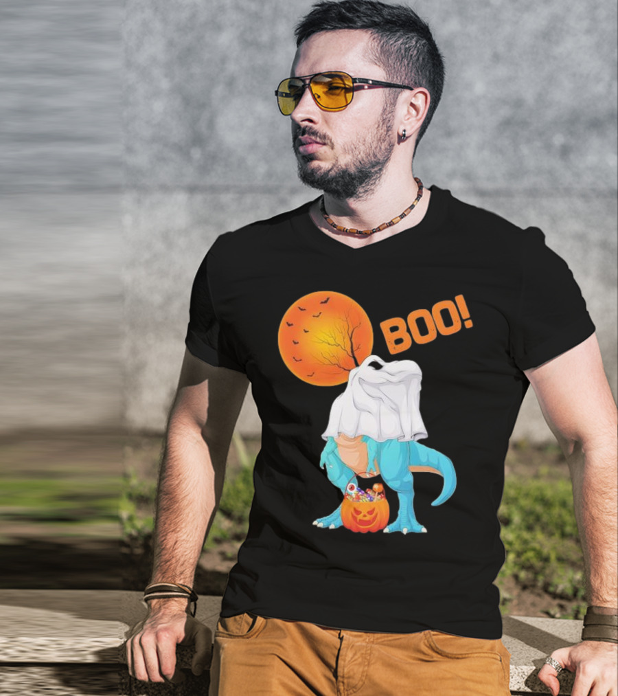 Ghost Dinosaur Rex Boo Halloween Pumpkin Boys Men T-Shirt