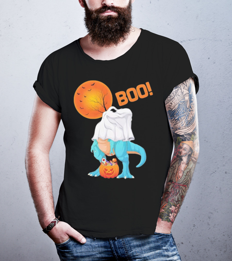 Ghost Dinosaur Rex Boo Halloween Pumpkin Boys Men T-Shirt