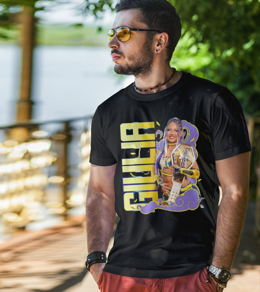 Giulia Smoke Champion Wrestling Character With Belt And Yellow Purple Accents T-Shirt