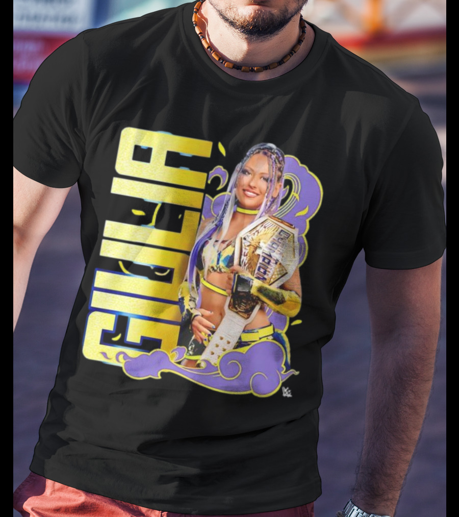Giulia Smoke Champion Wrestling Character With Belt And Yellow Purple Accents T-Shirt