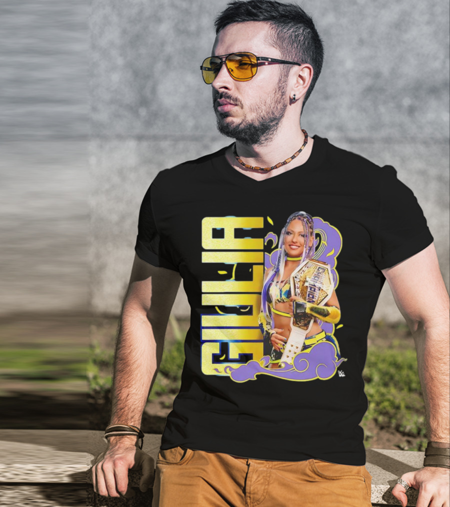 Giulia Smoke Champion Wrestling Character With Belt And Yellow Purple Accents T-Shirt