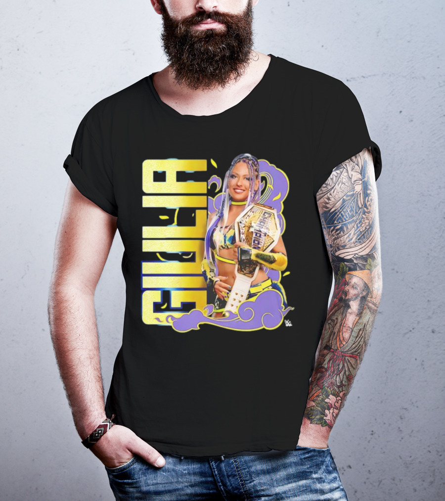 Giulia Smoke Champion Wrestling Character With Belt And Yellow Purple Accents T-Shirt