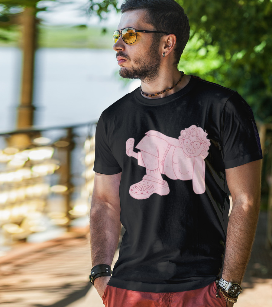 Grace Reiter Crocs Cartoon Character With Pink Outfit And Glasses T-Shirt