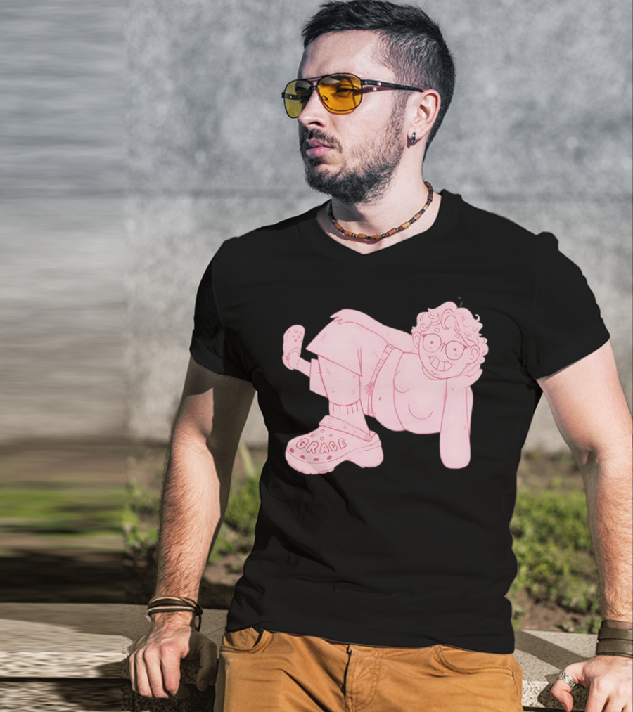 Grace Reiter Crocs Cartoon Character With Pink Outfit And Glasses T-Shirt