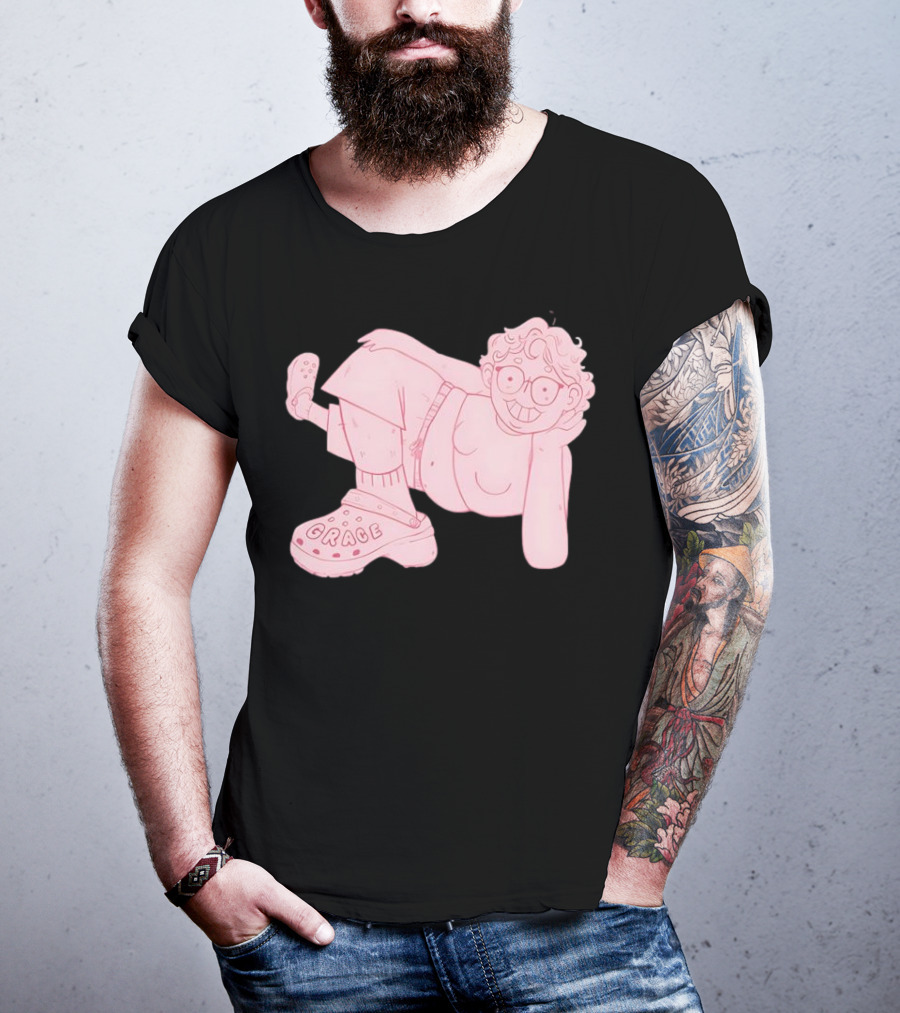 Grace Reiter Crocs Cartoon Character With Pink Outfit And Glasses T-Shirt