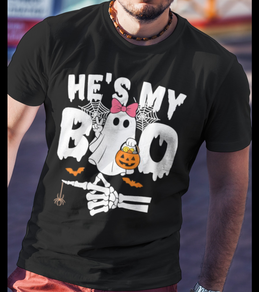 He’s My Boo Pink Bow Ghost With Pumpkin Candy Basket And Skeleton Hand Halloween T-Shirt