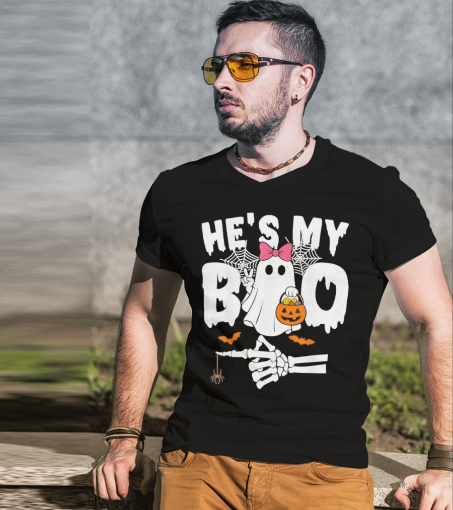 He’s My Boo Pink Bow Ghost With Pumpkin Candy Basket And Skeleton Hand Halloween T-Shirt