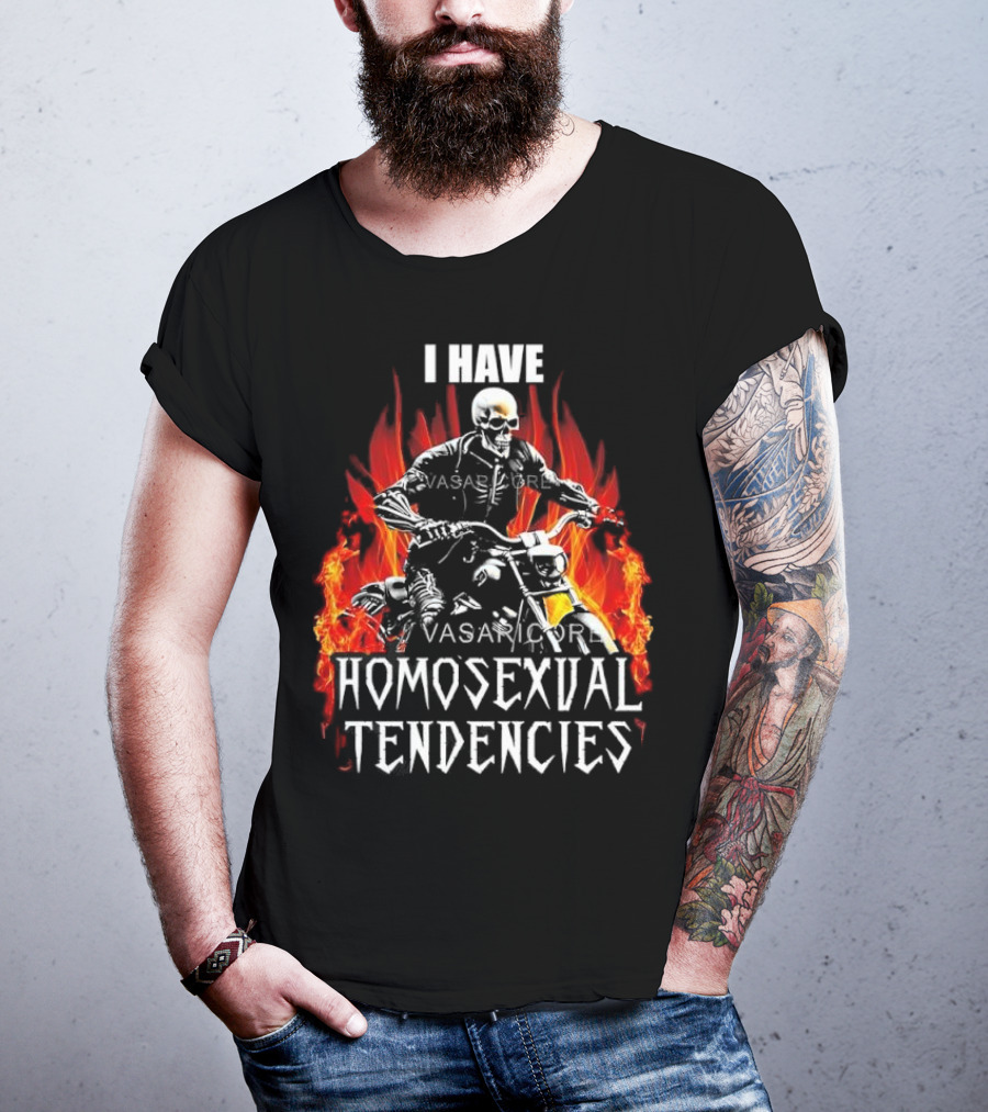 I Have Homosexual Tendencies Skeleton Motorcycle Flaming Background T-Shirt