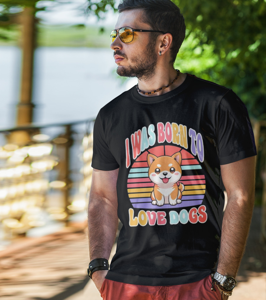 I Was Born To Love Dogs Cute Cartoon Shiba Inu Rainbow Colors T-Shirt