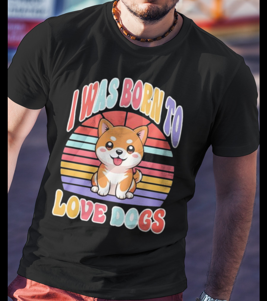 I Was Born To Love Dogs Cute Cartoon Shiba Inu Rainbow Colors T-Shirt
