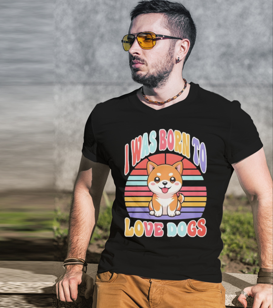 I Was Born To Love Dogs Cute Cartoon Shiba Inu Rainbow Colors T-Shirt