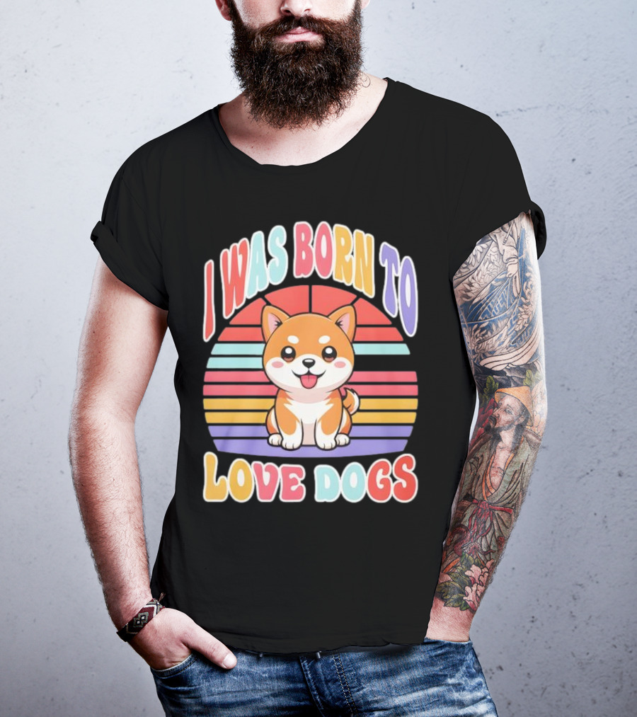 I Was Born To Love Dogs Cute Cartoon Shiba Inu Rainbow Colors T-Shirt
