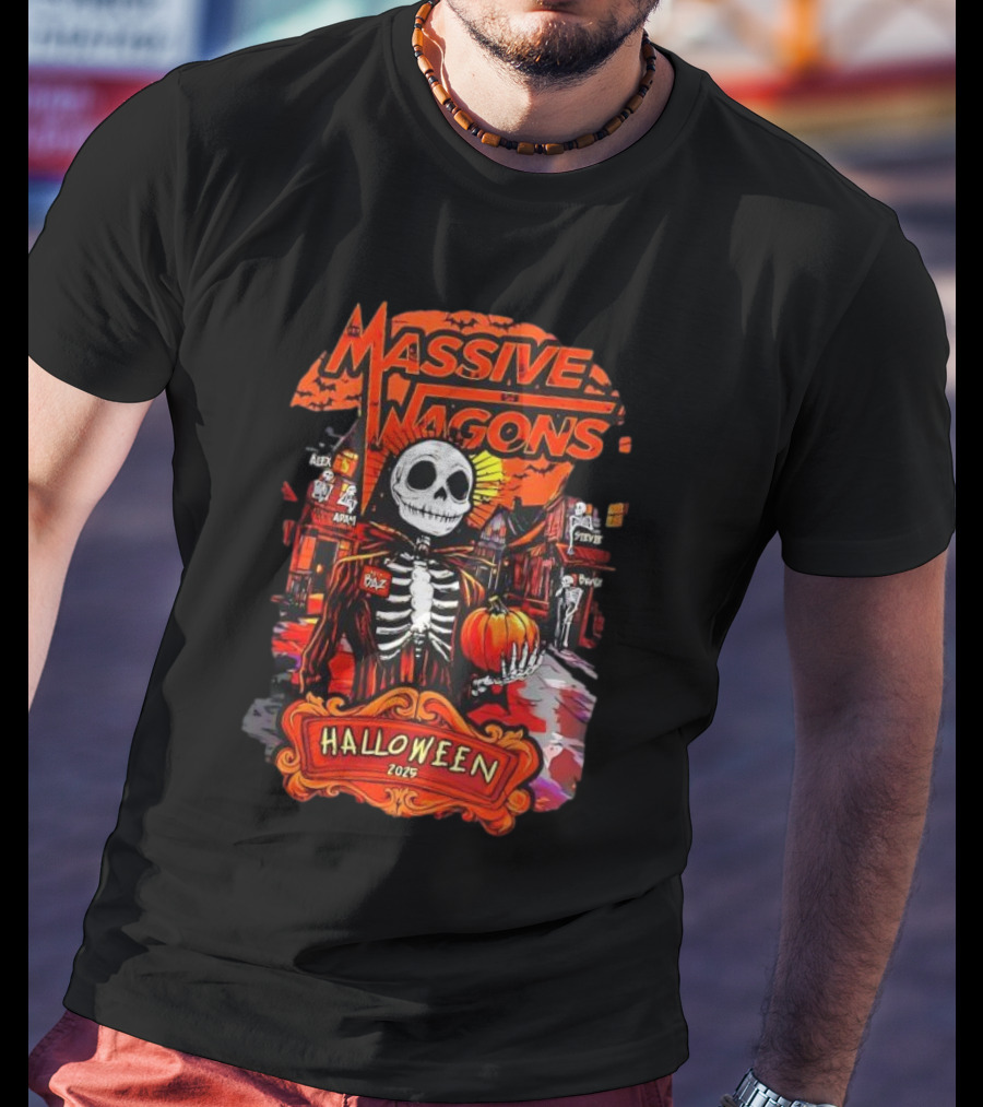 Massive Wagons Halloween 2023 Skeleton Pumpkin Spooky Street Scene T-Shirt