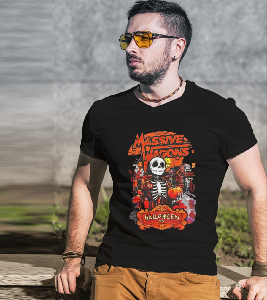 Massive Wagons Halloween 2023 Skeleton Pumpkin Spooky Street Scene T-Shirt