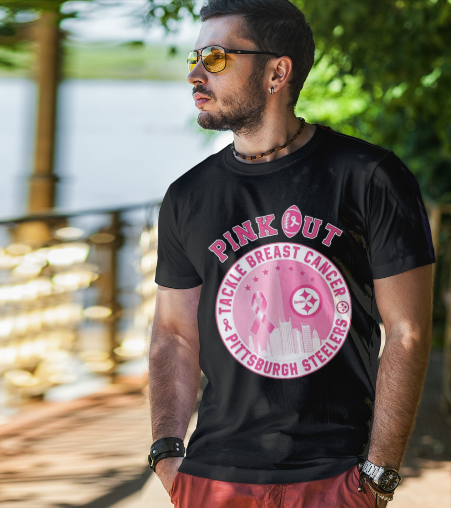 Pink Out Tackle Breast Cancer Pittsburgh Steelers Ribbon Awareness T-Shirt