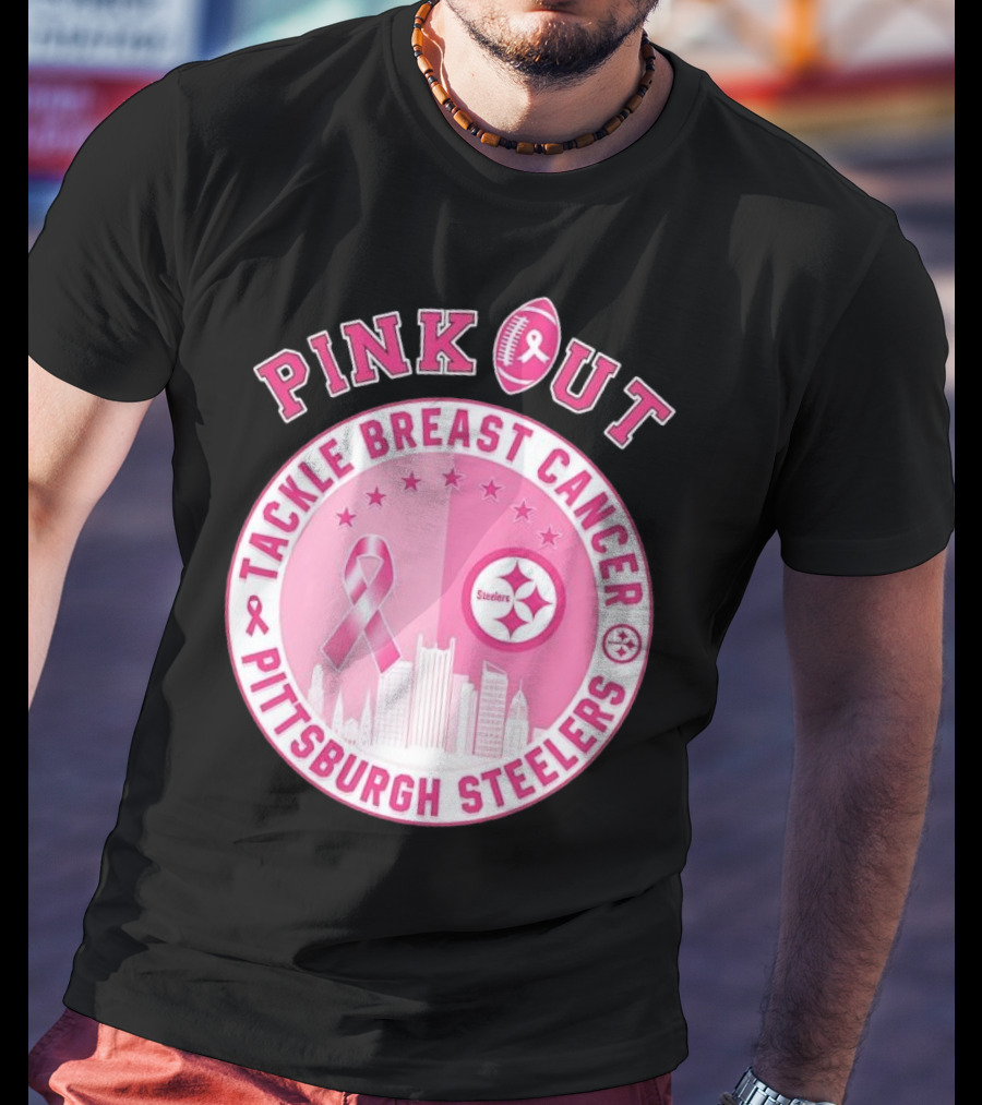 Pink Out Tackle Breast Cancer Pittsburgh Steelers Ribbon Awareness T-Shirt