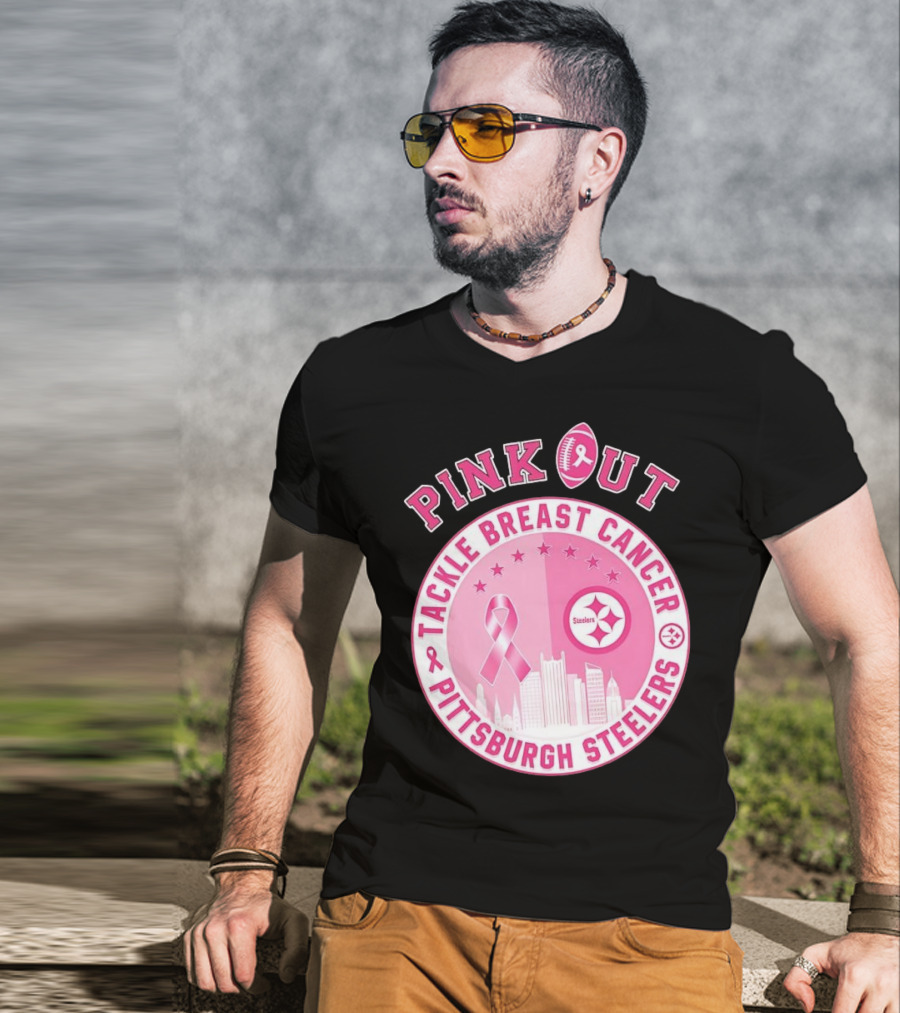 Pink Out Tackle Breast Cancer Pittsburgh Steelers Ribbon Awareness T-Shirt