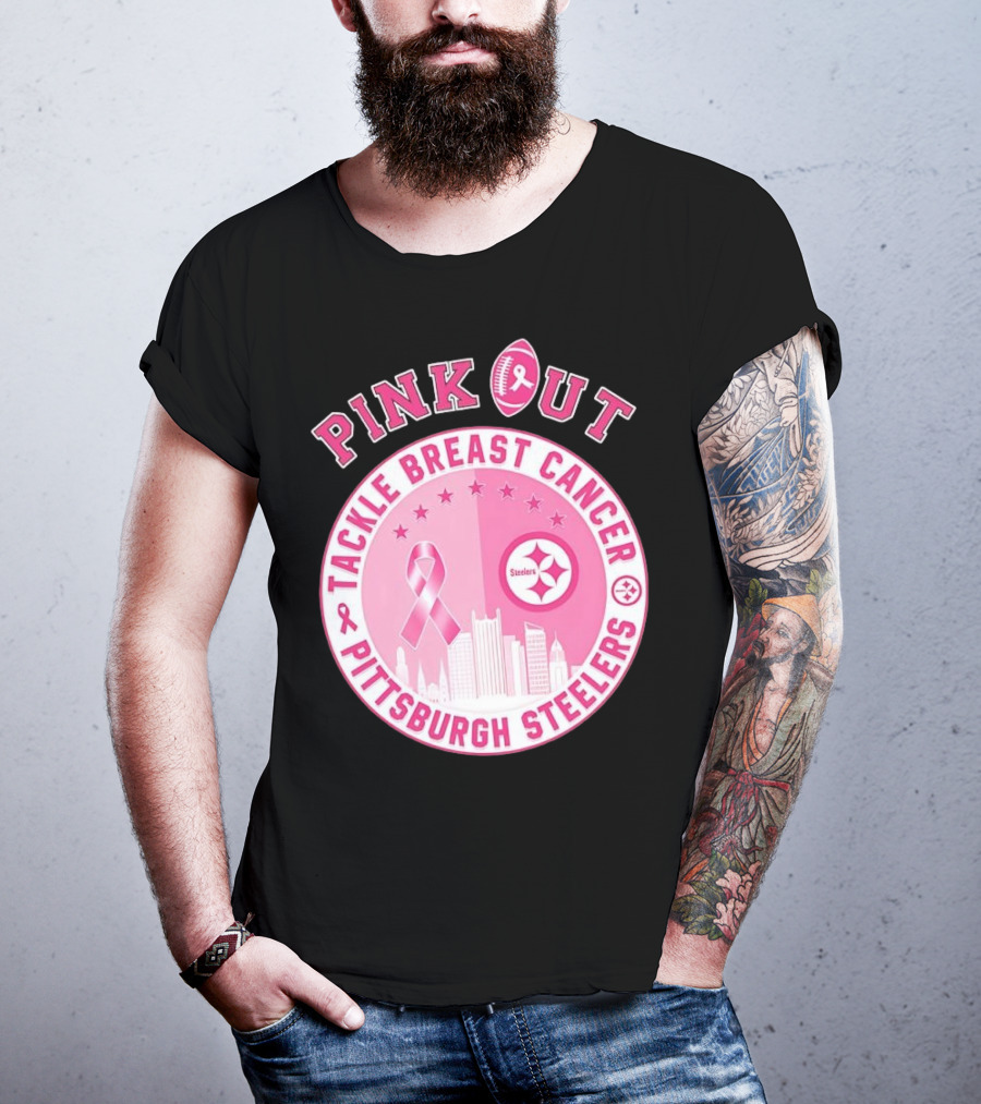 Pink Out Tackle Breast Cancer Pittsburgh Steelers Ribbon Awareness T-Shirt