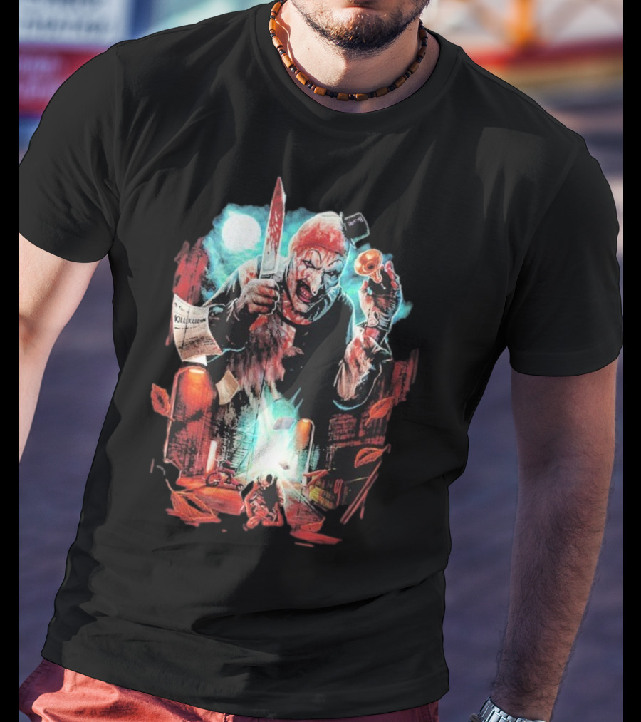 Terrifier Jokes On You Bloodstained Killer Clown With Knife And Newspaper T-Shirt