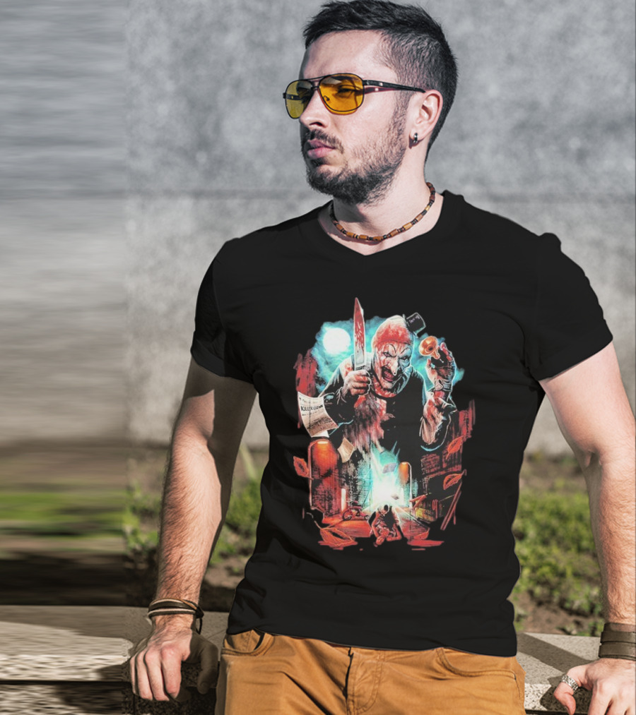 Terrifier Jokes On You Bloodstained Killer Clown With Knife And Newspaper T-Shirt