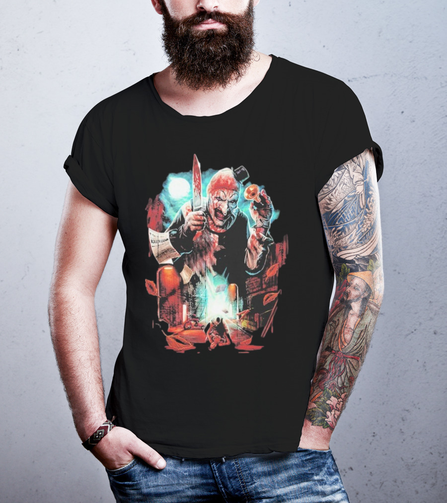 Terrifier Jokes On You Bloodstained Killer Clown With Knife And Newspaper T-Shirt