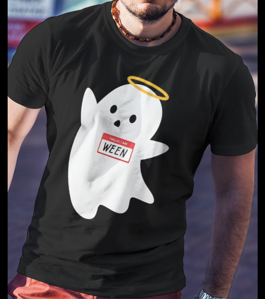 Hallo I Am Ween Ghost With Halo And Happy Halloween Name Tag T-Shirt