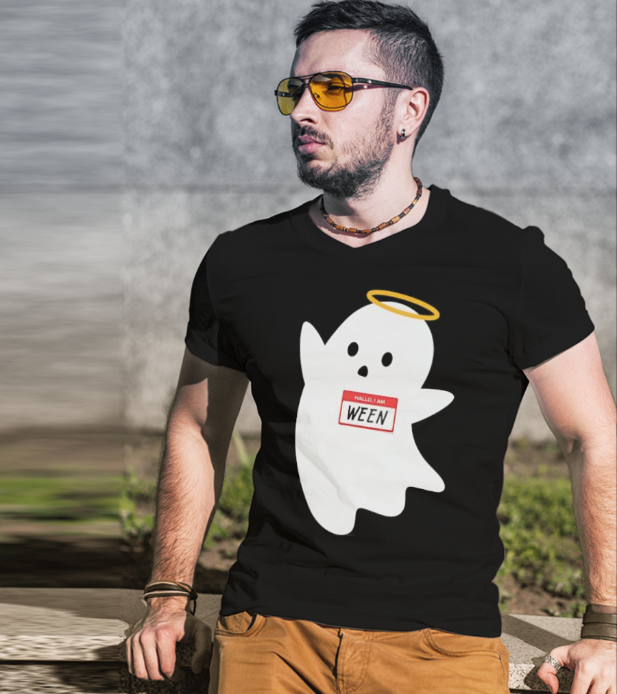 Hallo I Am Ween Ghost With Halo And Happy Halloween Name Tag T-Shirt