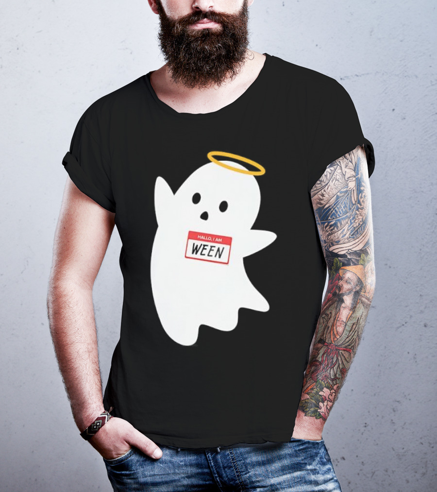 Hallo I Am Ween Ghost With Halo And Happy Halloween Name Tag T-Shirt