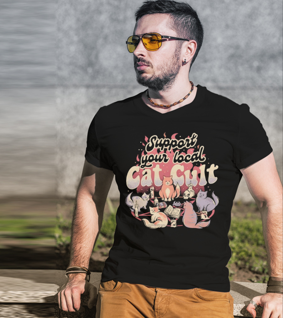Support Your Local Cat Cult Adorable Feline Gathering T-Shirt
