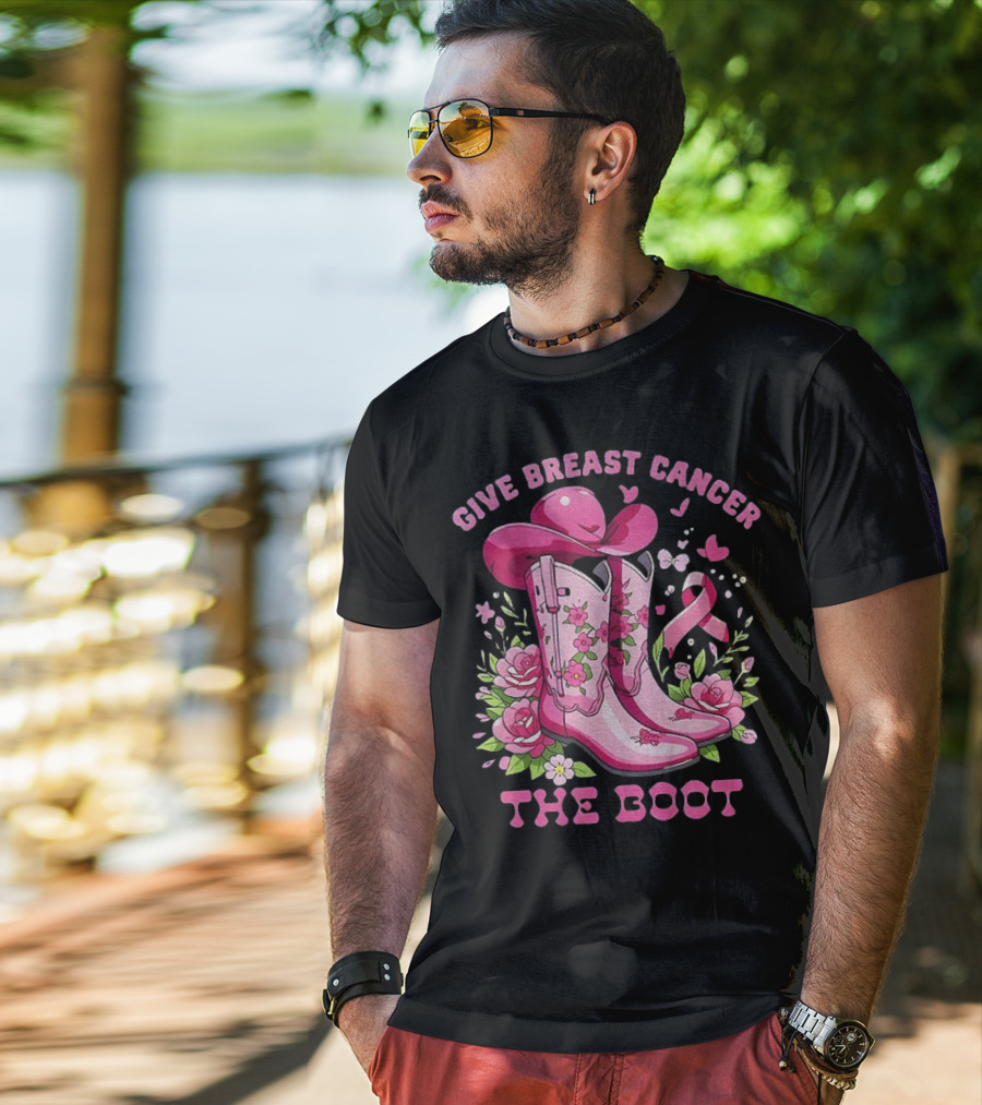 Vintage Pink Cowboy Boots Floral Breast Cancer Awareness T-Shirt