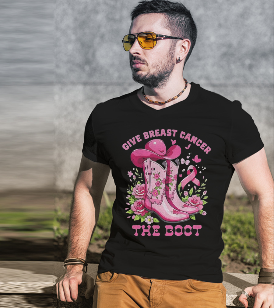 Vintage Pink Cowboy Boots Floral Breast Cancer Awareness T-Shirt