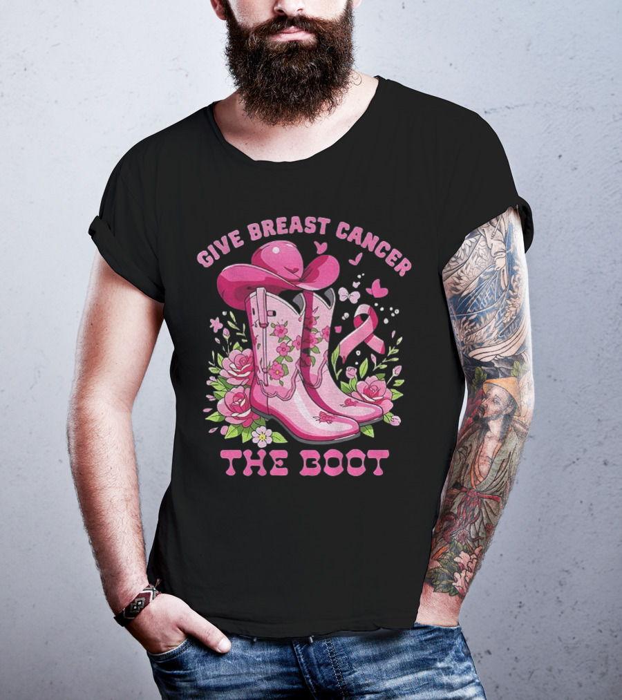 Vintage Pink Cowboy Boots Floral Breast Cancer Awareness T-Shirt